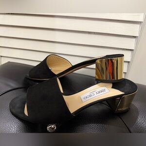 Jimmy Choo Black Suede Gold Block Heel Mules | Size EU 40 / US 9